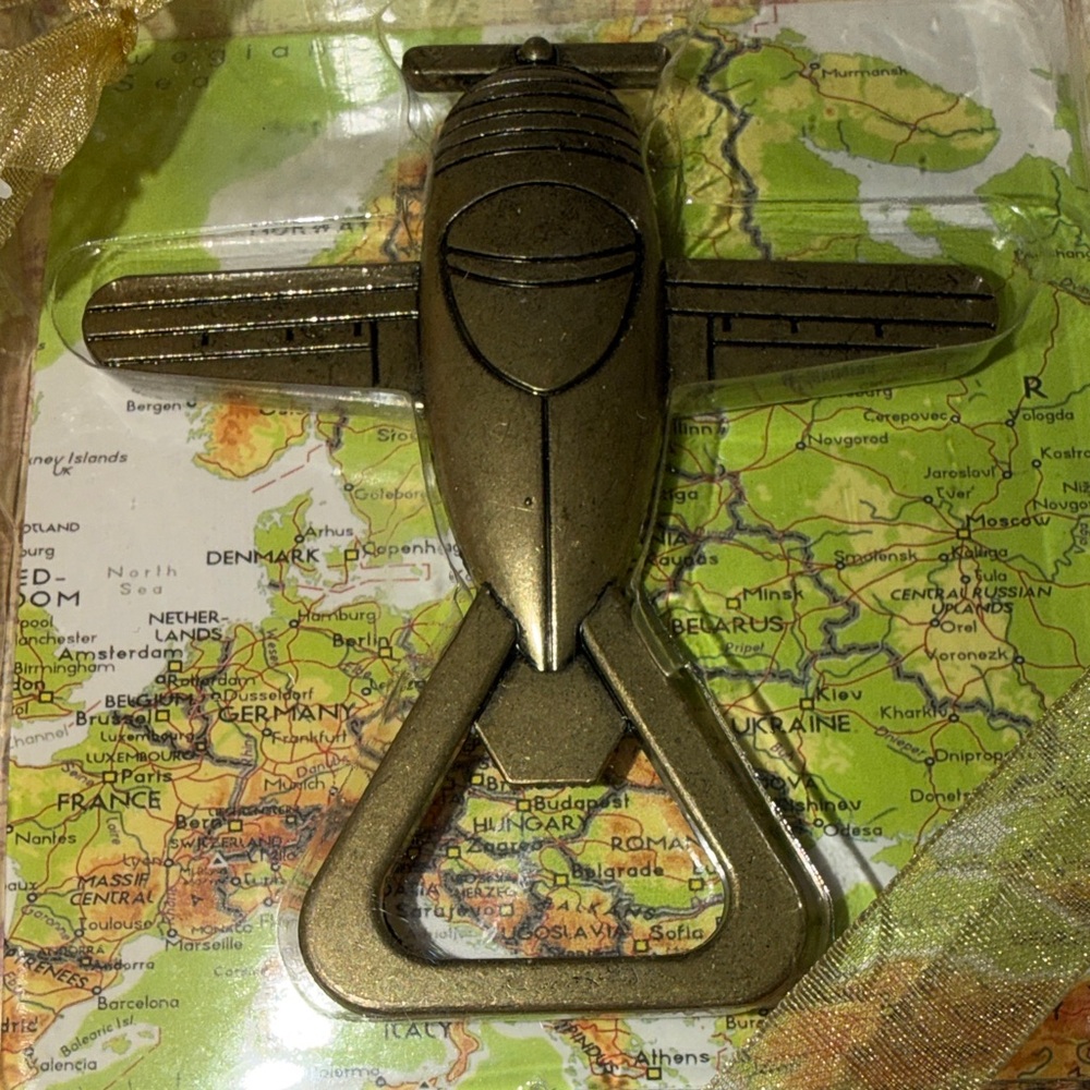 Gold Tone‎ Bottle Opener Gift Set Vintage Looking Airplane NEW in Box